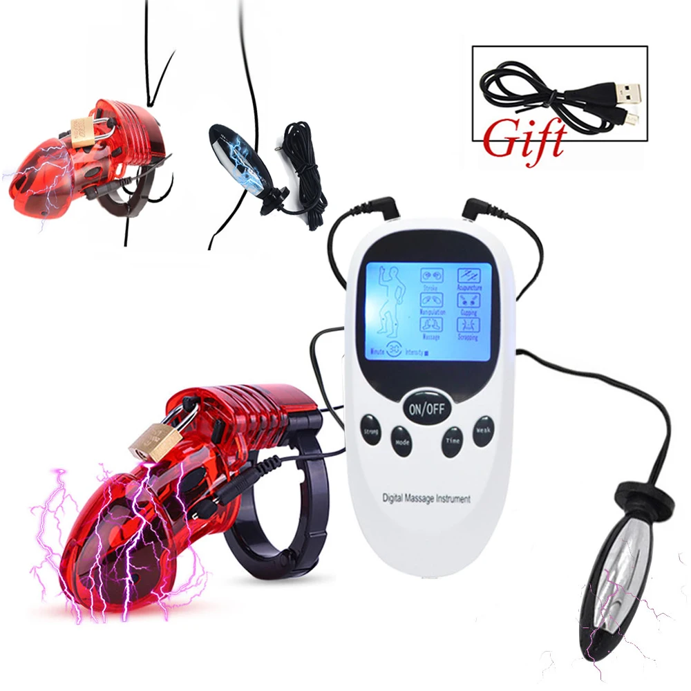 E-Stim Male Masturbator Electric Shock Chastity Cock Cage Ball Stretcher,Electro Stimulation Anal Plug Penis Ring BDSM Sex Tools