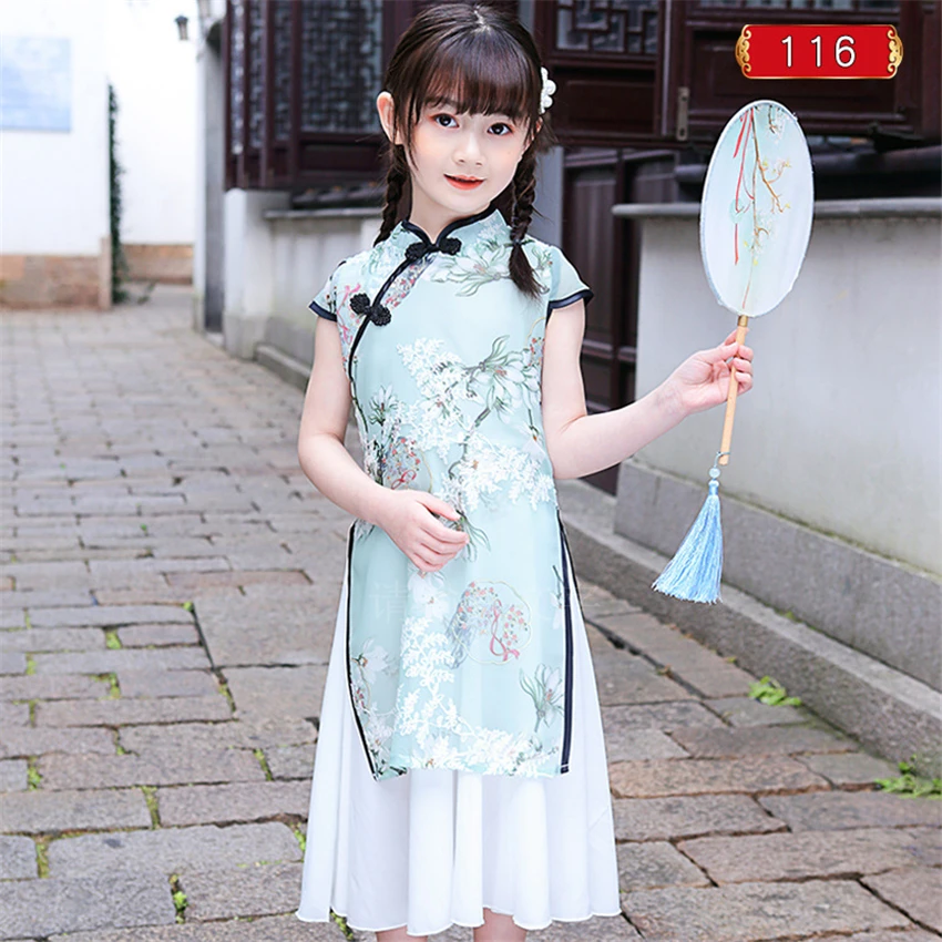 

Girl Traditional Chinese Cheongsam Hanfu Dress Kids Princess Costume Wedding Aodai Children Qipao Floral Vestidos Evening Party