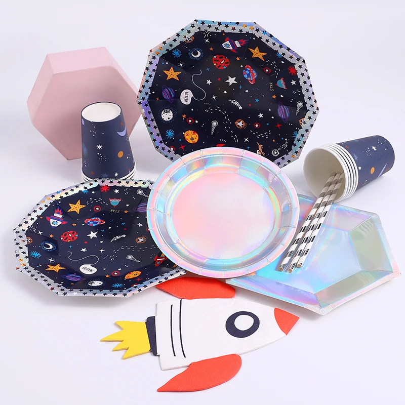 Outer Space Theme Party Disposable Tableware Paper Plates Cups Astronaut Rocket Baby Shower Favor Birthday Decor Party Supplies