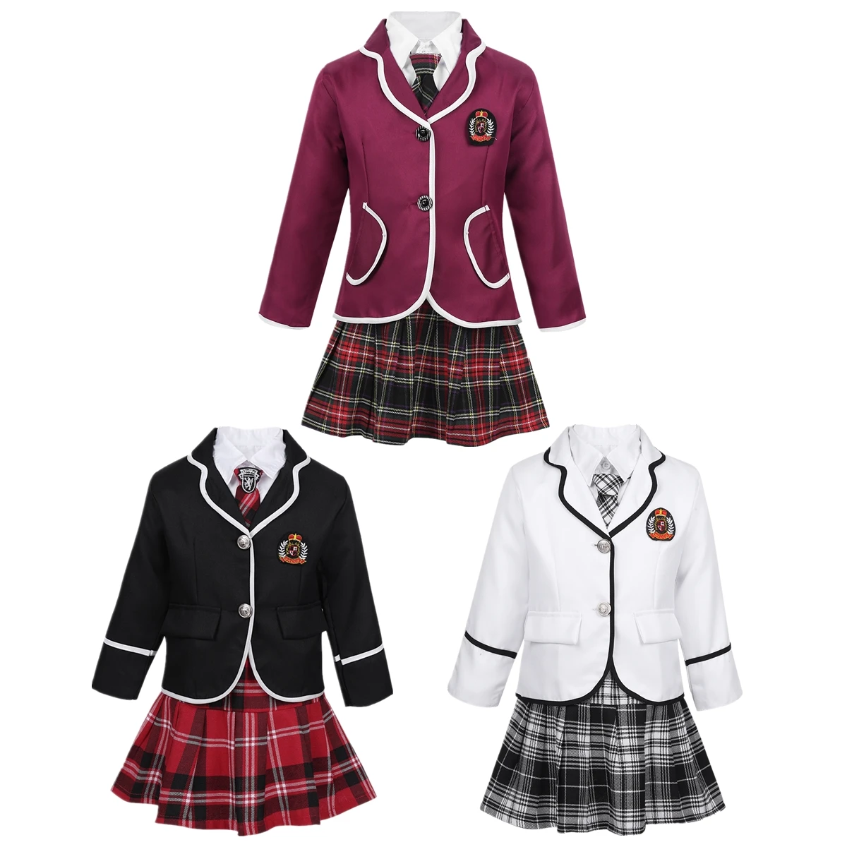 Kids Teens Japanese School Uniform Cosplay Student Costume Girls British Style School Uniform Coat with Shirt Tie Mini Skirt Set