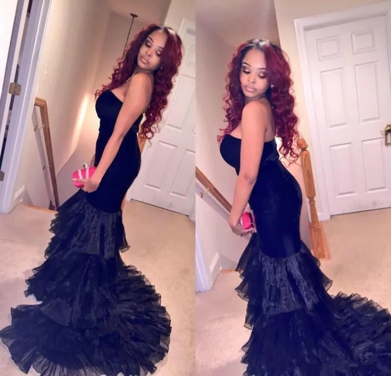 Black Prom Dresses 2019 Off De Schouder Strapless Tiered Ruches Mermaid Vestidos De Gala Avond Party Prom Jassen Prom Dress