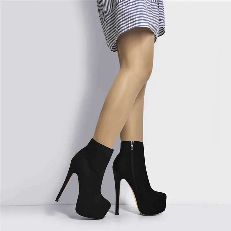 Onlymaker Women Booties Round Toe Patform Ankle Booties Black Red Flock Stiletto Side Zipper 16CM High Heel Sexy Lady Boots