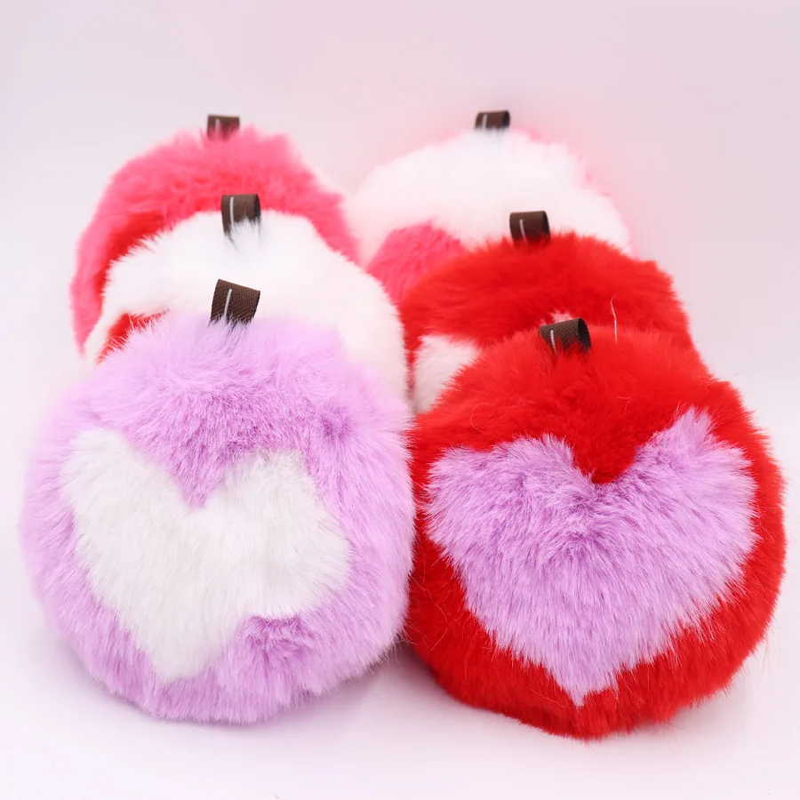 New Sweet fashion color matching round heart Fake Rabbit Fur Ball Key Chain Pompom Key Chain Key Rings  Girl Women Bag  Jewelry