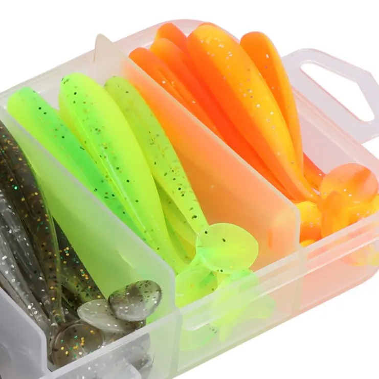 JYJ box package 50pcs 5cm 5.5cm 6cm 7cm soft T tail paddle tail baits ,artificial isca pesca wobbler bass minnow lure silica