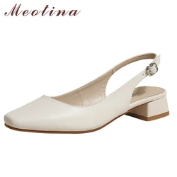 Meotina Genuine Leather Women Slingbacks Shoes Buckle Thick Heels Pumps Square Toe Med Heel Ladies Footwear 2022 Spring Beige 43