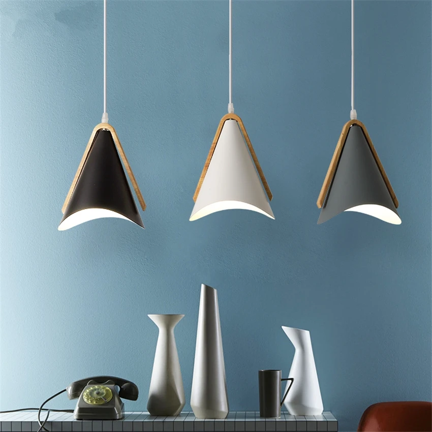 Nordic Cone Iron Pendant Lights Bedroom Dining Room Modern Macaron Restaurant Pendant Lamps Bar Art Wood Hanging Lights Lighting