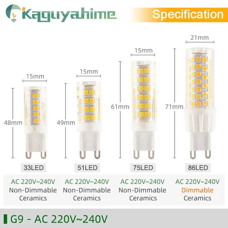 Kaguyahime LED COB 램프, 밝기 조절 전구, 스포트라이트 샹들리에, G9, E14, G4, 3w, 5w, 7w, 9w, DC 12V, AC 220V