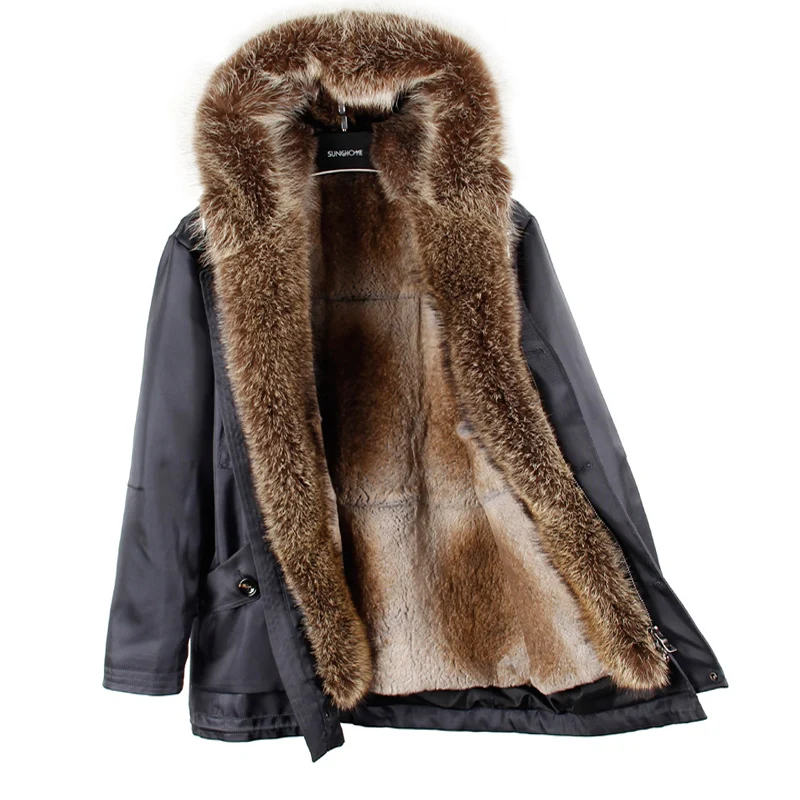 

2024 detachable rex rabbit fur liner to overcome in the long section hooded Nie overcoat jacket raccoon fur collar jacket male