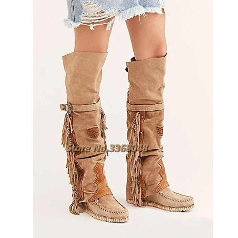 Fringe Flat With Over The Knee Boots Sewing Thread Suede Round Toe Gladiator Rome Boots Casual Winter Runway Shoes New Arrival