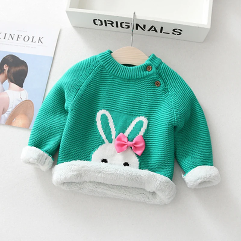 IENENS Winter Plus Velvet Sweaters Baby Girls Clothes Toddler Warm Sweater Coats Children Rabbit Thicken Wool Tops Fit 1-12Y