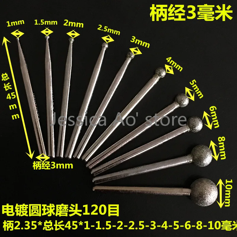 9Pcs 3X10Mm Bóng Hình Kim Cương Đầu Mài Bóng Kim Cương CBN Dụng Cụ Làm Mòn Máy Đánh Bóng Kim Loại Máy Mài Điện ngọc Chạm Khắc