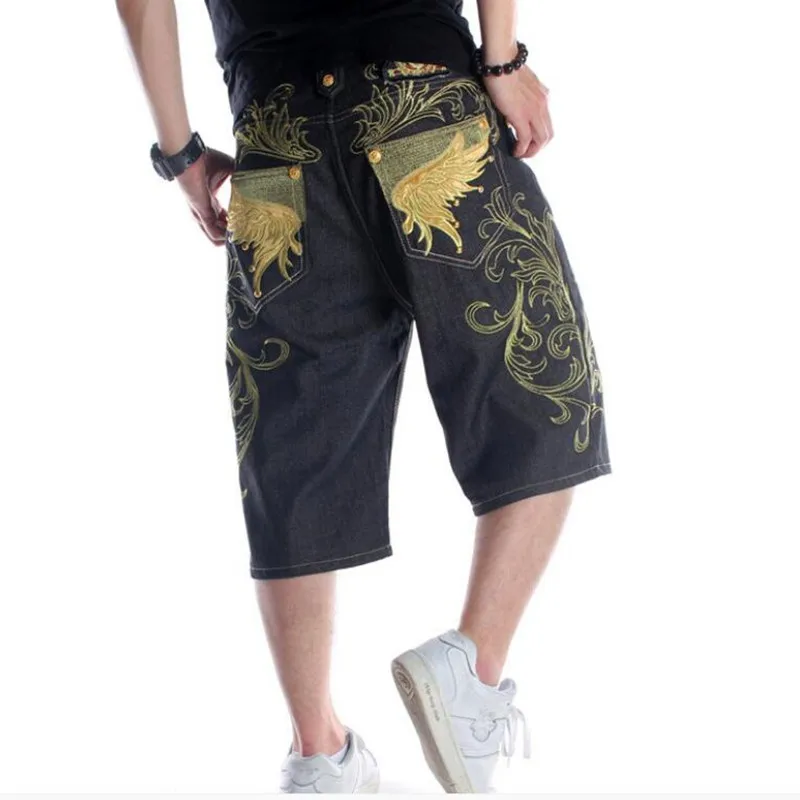 Loose Denim Shorts Men's Youth Hip-hop Character Embroidery Medium Pants Tide Fashion Summer Trousers Jeans