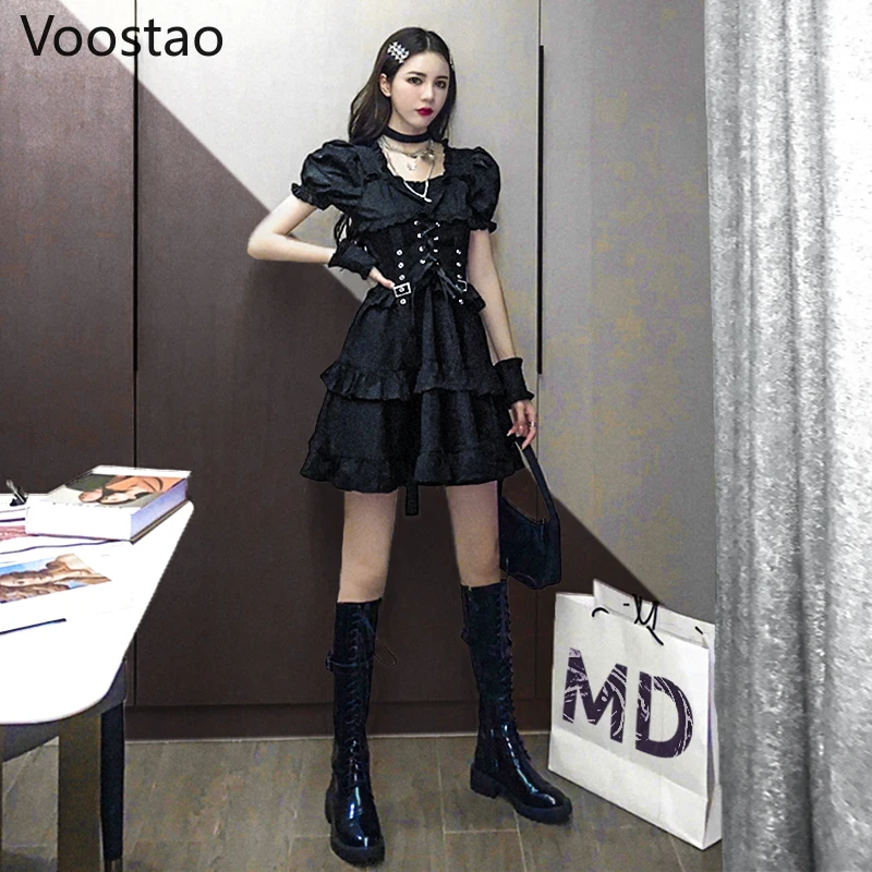 Imagem -04 - Vestido Gótico Estilo Lolita Verão Feminino Chique Manga Bufante Festa Punk Mini Vestidos Preto com Babados Vestido em Grade