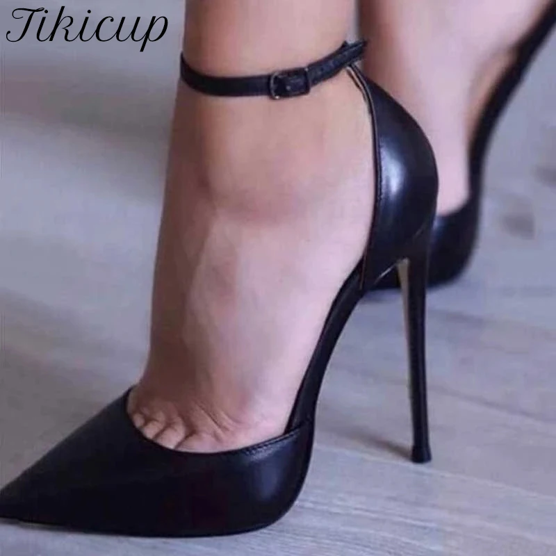 Tikicup Patent Leather Women Ankle Strap D\'orsay Stiletto Pumps Pointed Toe Sexy High Heel Shoes 8cm 10cm 12cm Customize