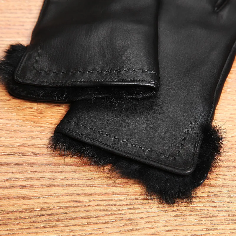 Real Leather Women Gloves Thermal Plushed Lined Fashion Wrist Rabbit Hair Autumn Winter Black Sheepskin Gloves Female L6124