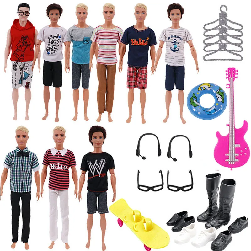 30Pcs/Set Barbies Ken Doll Accessories=10Clothes+8Shoes+5Hangers++2Glasses+2Headset+1Swimming Ring+1Guitar+1Skateboard Kids Gift