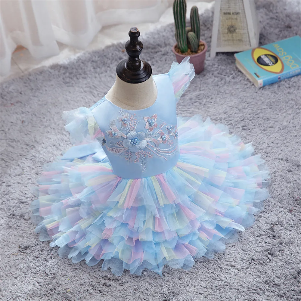 Robes de princesse d'anniversaire pour filles, en Tulle, à fleurs, arc-en-ciel, en dentelle, avec nœud papillon, robe de bal pour filles de 0 à 4 ans, bleu