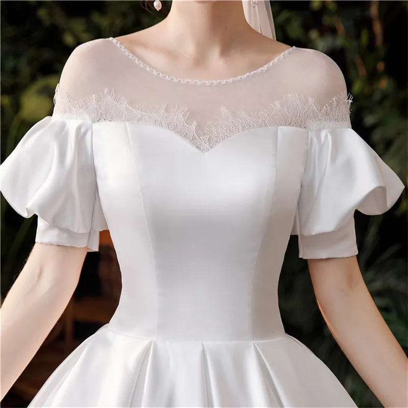 New Hot Sale Simple Fashion Vestido De Noiva 2021 Wedding Dress Luxury Elegant Lantern Sleeve Lustrous Satin Princess Lace Up