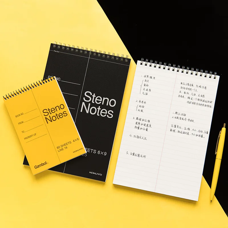 KOYUYO Gambol Steno Note Classic Yellow Black Softcover Memo Notebook with Pre-cut Office Coil Notepad School Supplies A6902