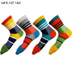 5 Pairs/Lot Men Colorful Stripe Socks Fashion Cotton Five Fingers Toe Mosaic Deodorant Business Europe Wild Funny Sock for Sport