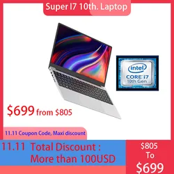 15.6 Polegada núcleo i7 10th generation quad core 8 threads 16gb/8gb ram ddr4 1tb/512gb ssd computador portátil do caderno do jogo do metal