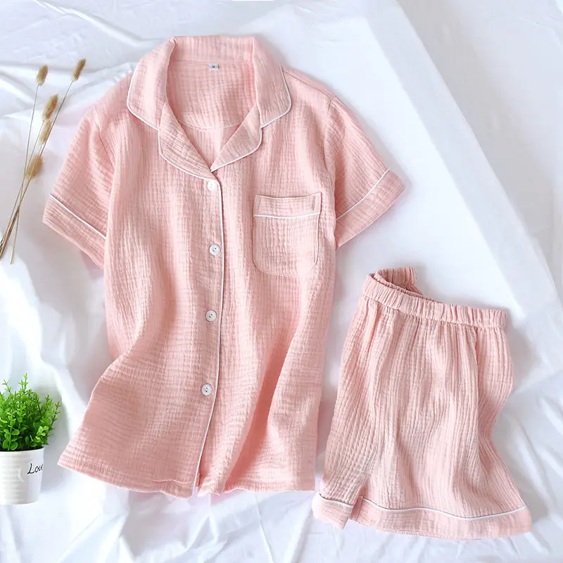 2022 New Summer Cotton Double-layer Crepe Gauze Short-sleeved Shorts Pajamas Suit Home Service Women Clothing Two Piece Sets