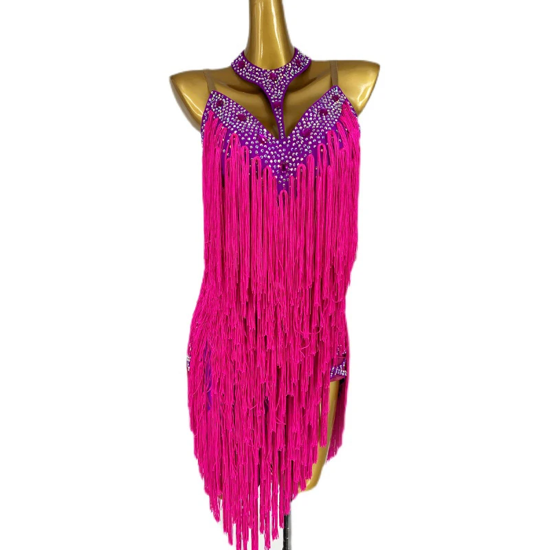 Rose Pink Latin Dance Dress Women Multi Layers Fringe Diamond Competitive Dance Costumes Samba Rumba Cha Cha Show Costume BL6591