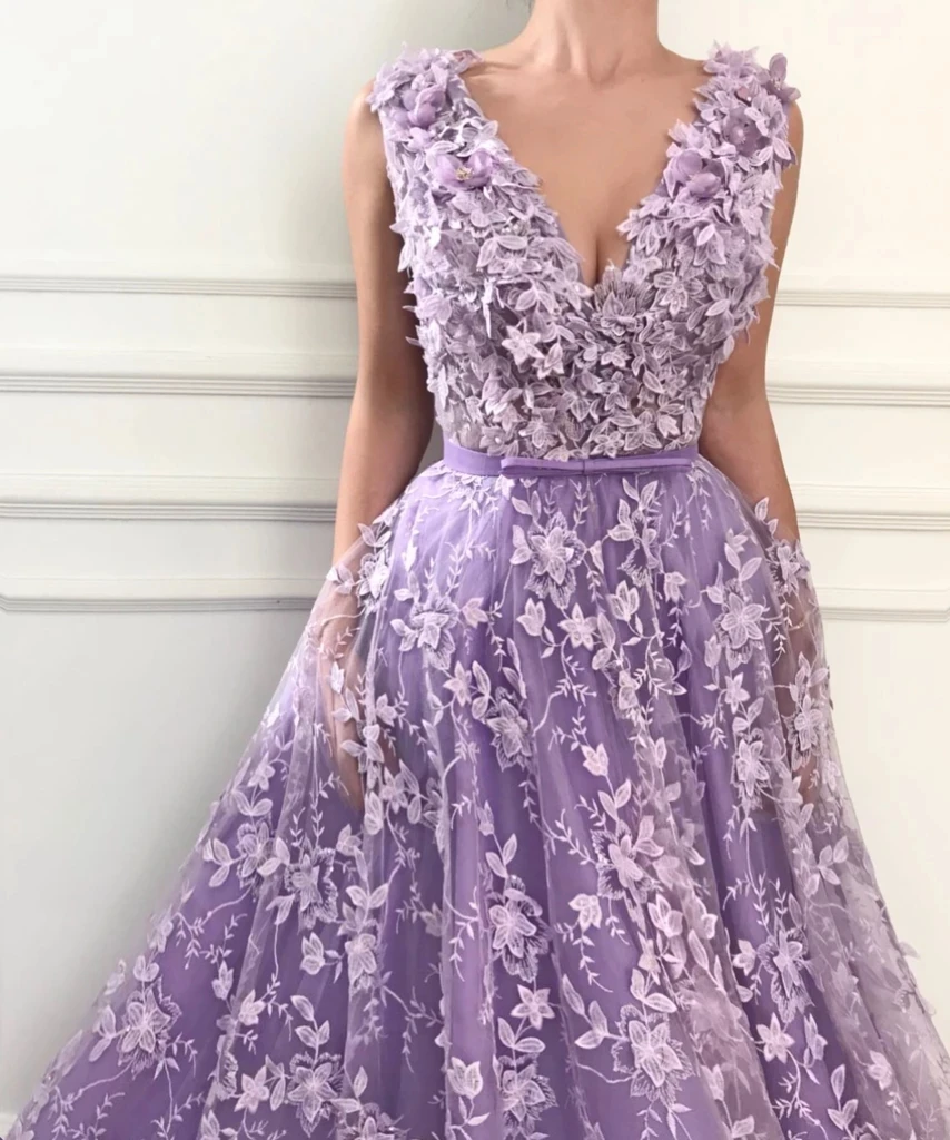 Lavender Moroccan Evening Dresses A-line V-neck Tulle Appliques Lace Long Turkey Dubai Saudi Arabia Prom Dress Gown