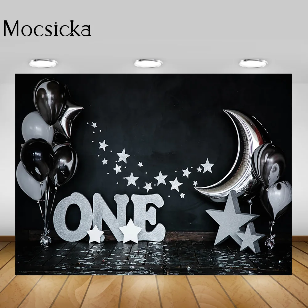 Twinkle Little Sliver Star Portrait Photography Backdrop Balloons Moon Children 1st Birthday Black Background Photocall Props