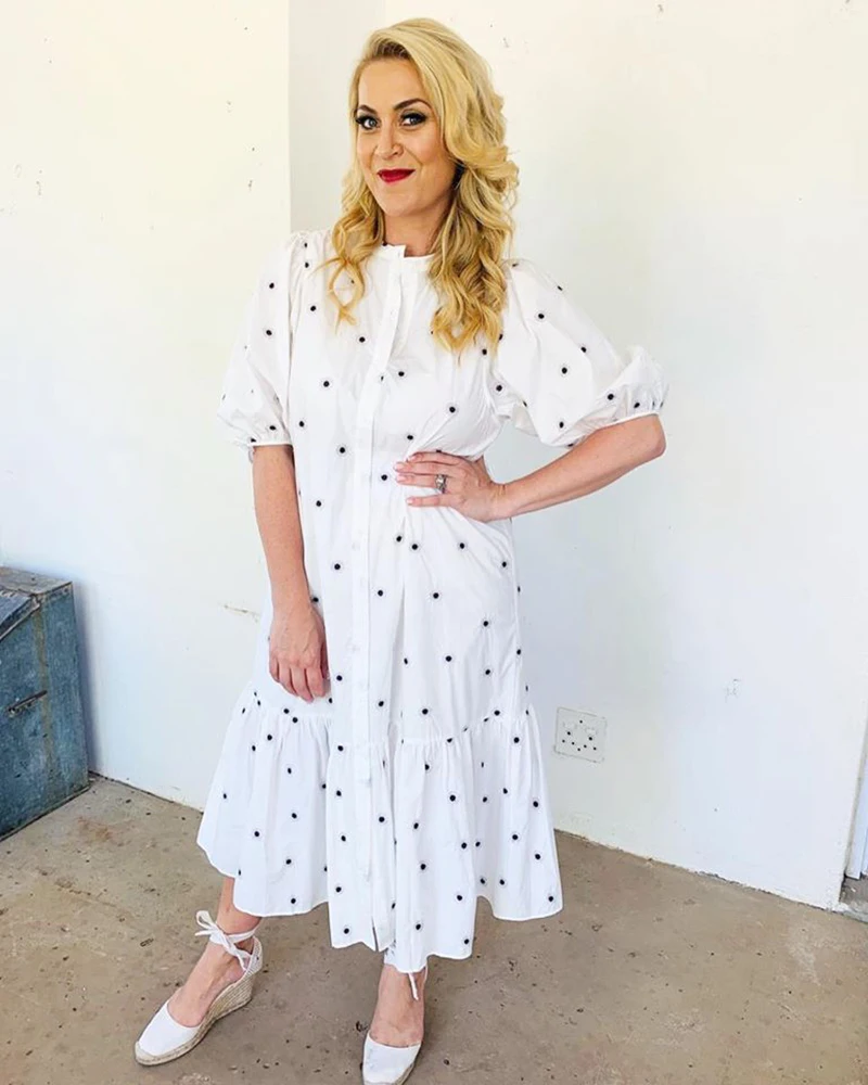 TEELYNN puff sleeve midi women dresses vintage polka dot dress white cotton floral embroidery summer dress casual party vestidos