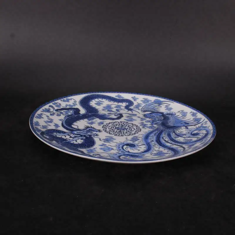 Chinese Style Blue and White Porcelain Dragon Phoenix Design Plate 10.23\