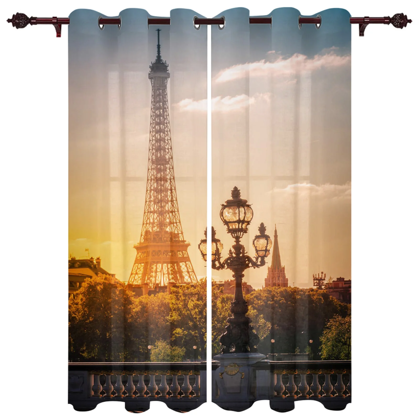 Tower Building Trees Retro Kitchen Curtain Kids Bedroom Living Room Balcony French Windows Curtain Fabric Pergola Bathroom