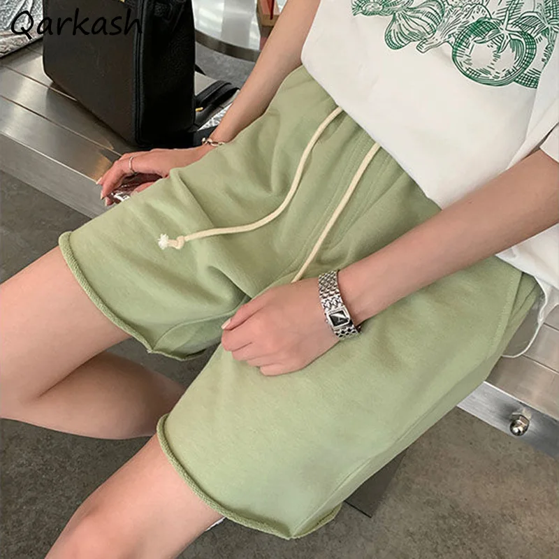 

Women Summer Shorts Solid Drawstring Green Gray All-match Loose Cozy Korean Style Crimping Wide Leg Simple Students Leisure New