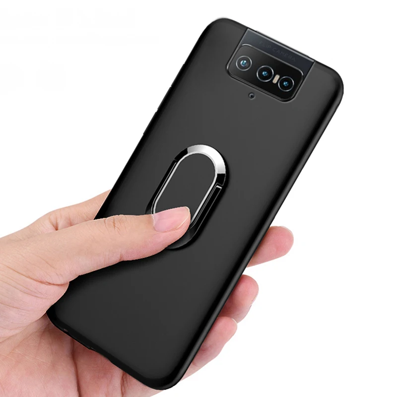 Asus ZenFone 7 Pro Case Luxury Soft Black Silicone Magnetic Car Holder Ring Phone Cover for Asus ZenFone 7 Pro ZS671KS Fundas