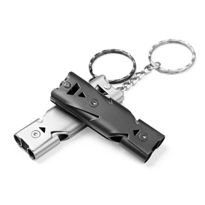 High Decibel Whistle Keychain Stainless Steel Double Pipe Camping Hiking Emergency Survival Whistle Outdoors Tools Portable 2023