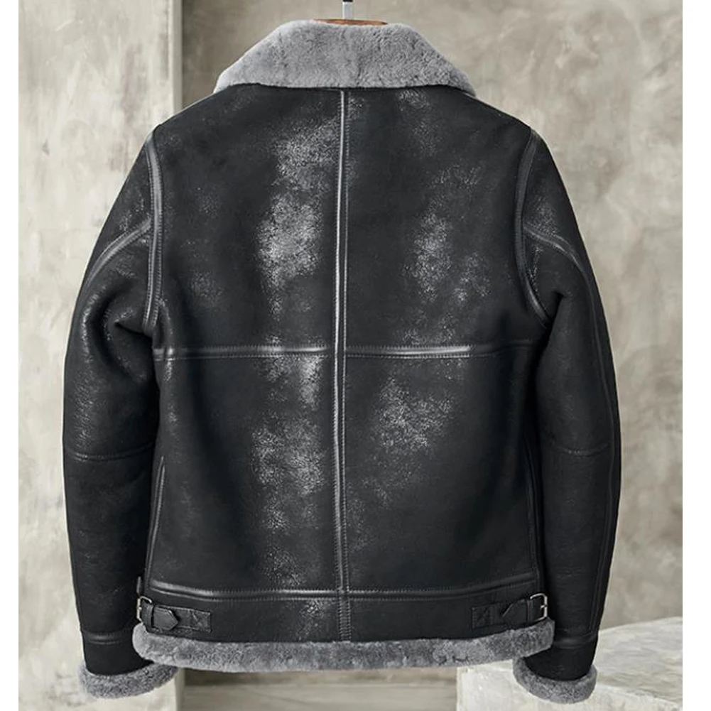 Mens Sheepskin Shearing Jacket B3 Bomber Jacket Leather Jacket Burst Black Lapel Short Style