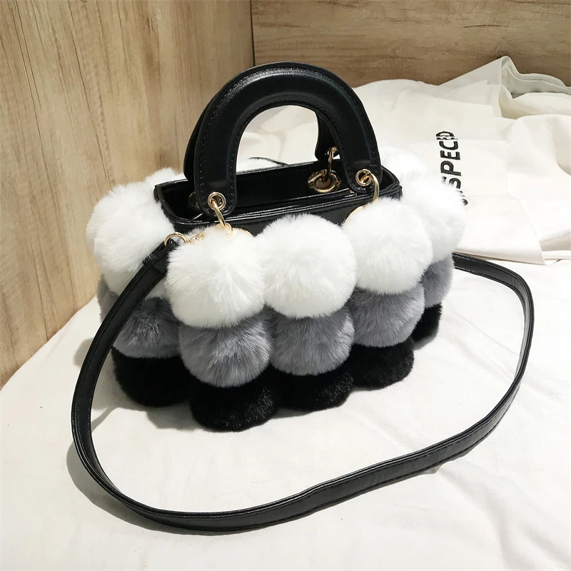 2021 Winter Hot Soft Plush Ball Handbags for Women Luxury Designer Bag Fashion Trends Colorful Fur Crossbody Shopper Bolso Femme