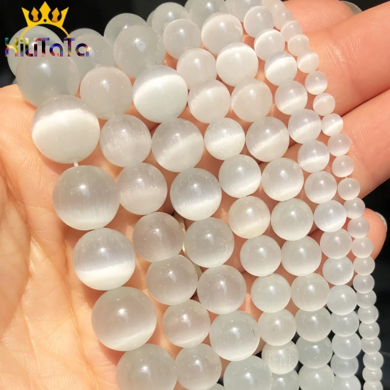 

White Cat Eye Stone Round Beads Natural Loose Spacer Beads For Jewelry Round Making DIY Bracelet 15''Strands 4 6 8 10 12mm