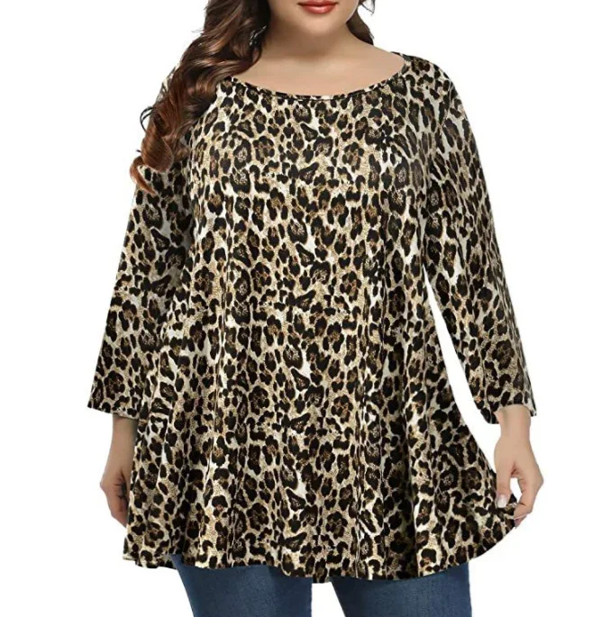 

2021 New Plus Big size leopard Printed Round Neck Long Sleeve T Shirt for Women