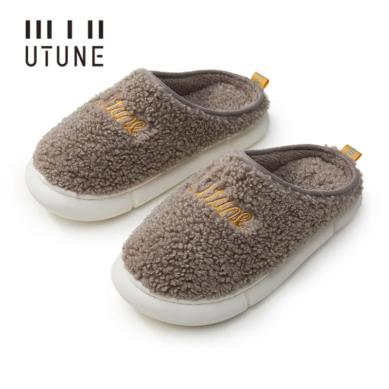 UTUNE Little Sheep Winter Slippers Warm Women Plush Indoor Shoes Men Furry Platform Slides Light Super Soft Home Flats Brown