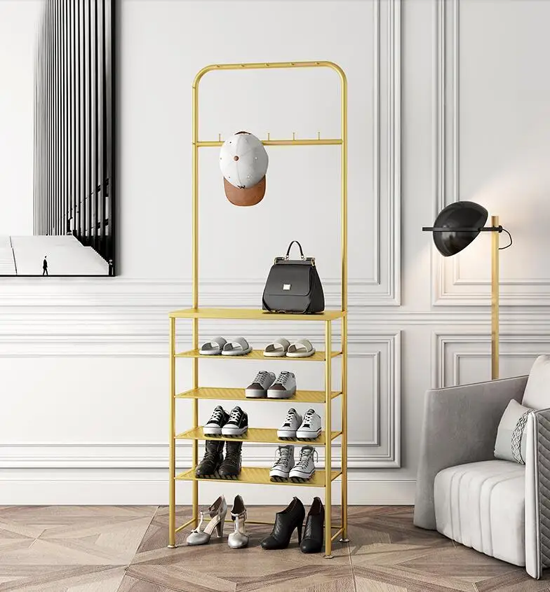 

Light luxury modern shoe rack indoor door clothing shoe rack integrated hanging clothes rack iron multilayer simple shoe cabinet