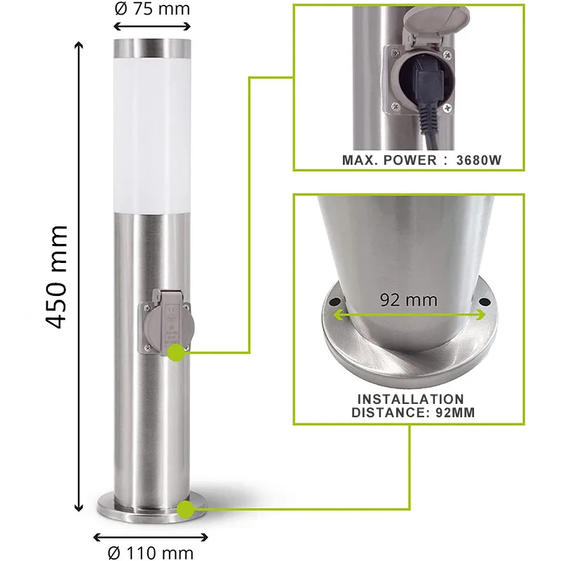 Outdoor Garden Lamp With 2-Way EU Socket 3680W 16A Energy Column Waterproof E27 Base Yard Lamp For Garden Décor Lawn Lamp