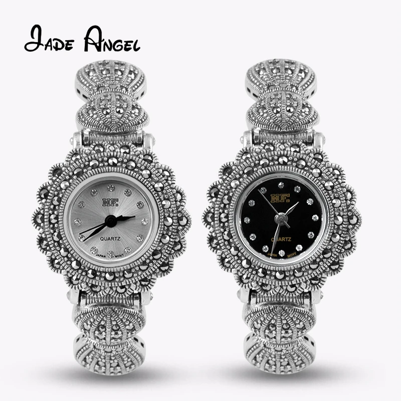 Jade Angel New 925 Sterling Silver Round Flower Design Wristwatch Vintage Marcasite Watch Bracelet for Women Luxury Jewelry Gift