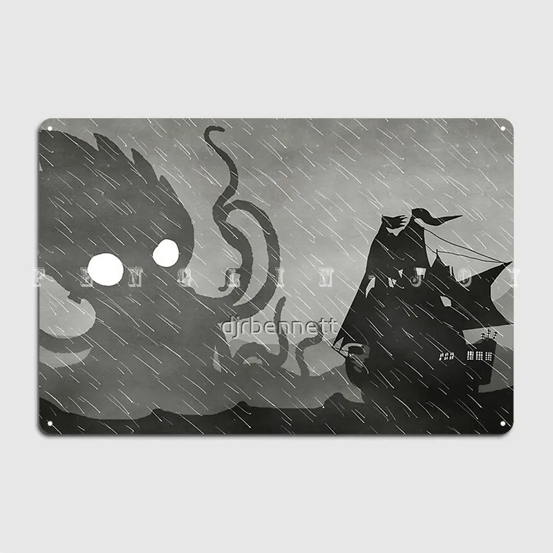 Rainy Ship Kraken Poster Metal Plaque Wall Cave Garage Club Retro Plaques Tin Sign Poster