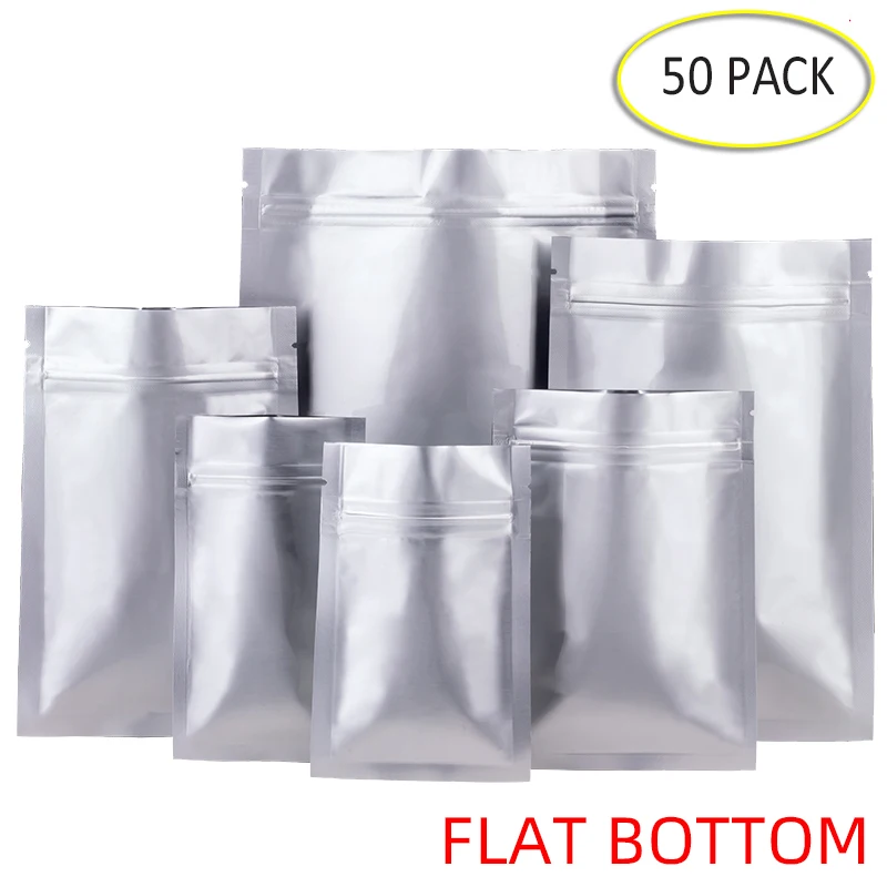 50PCS Aluminum Foil Flat Bottom Ziplock Bags Thick Food Storage Bag Vacuum Sealer Food Packaging Tea Avoid light Proof