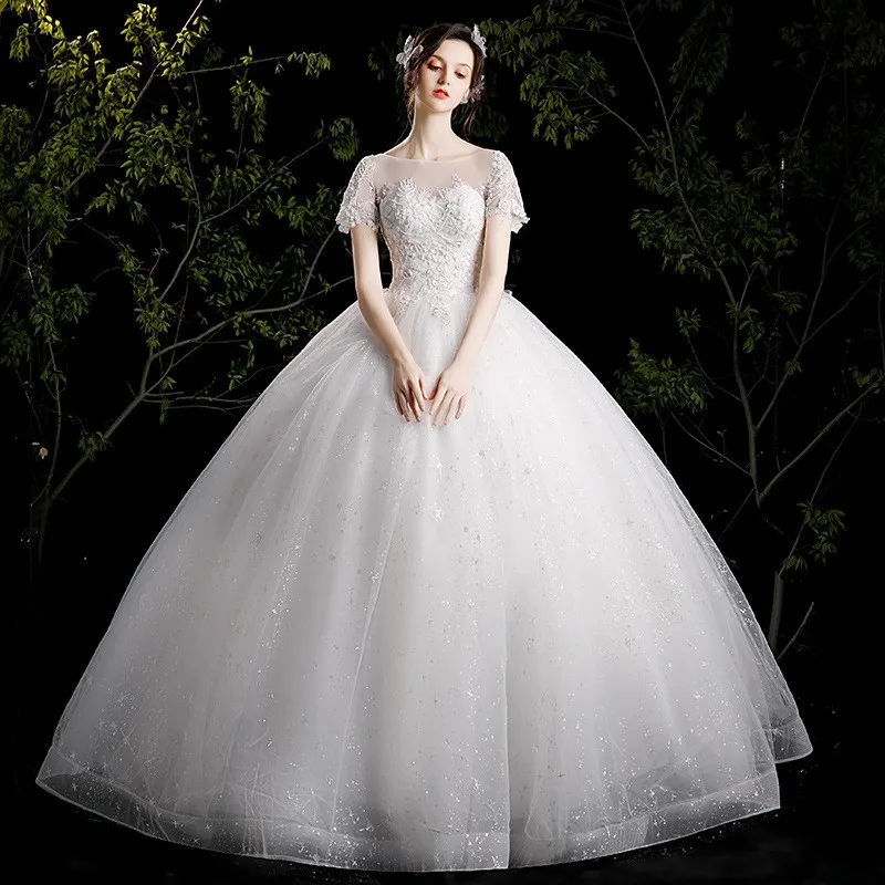 

Wedding Dress 2021 New O Neck Short Sleeve Ball Gown Lace Sequins Flower Plus Size Custom Made Robe De Mariee Vestido De Novia