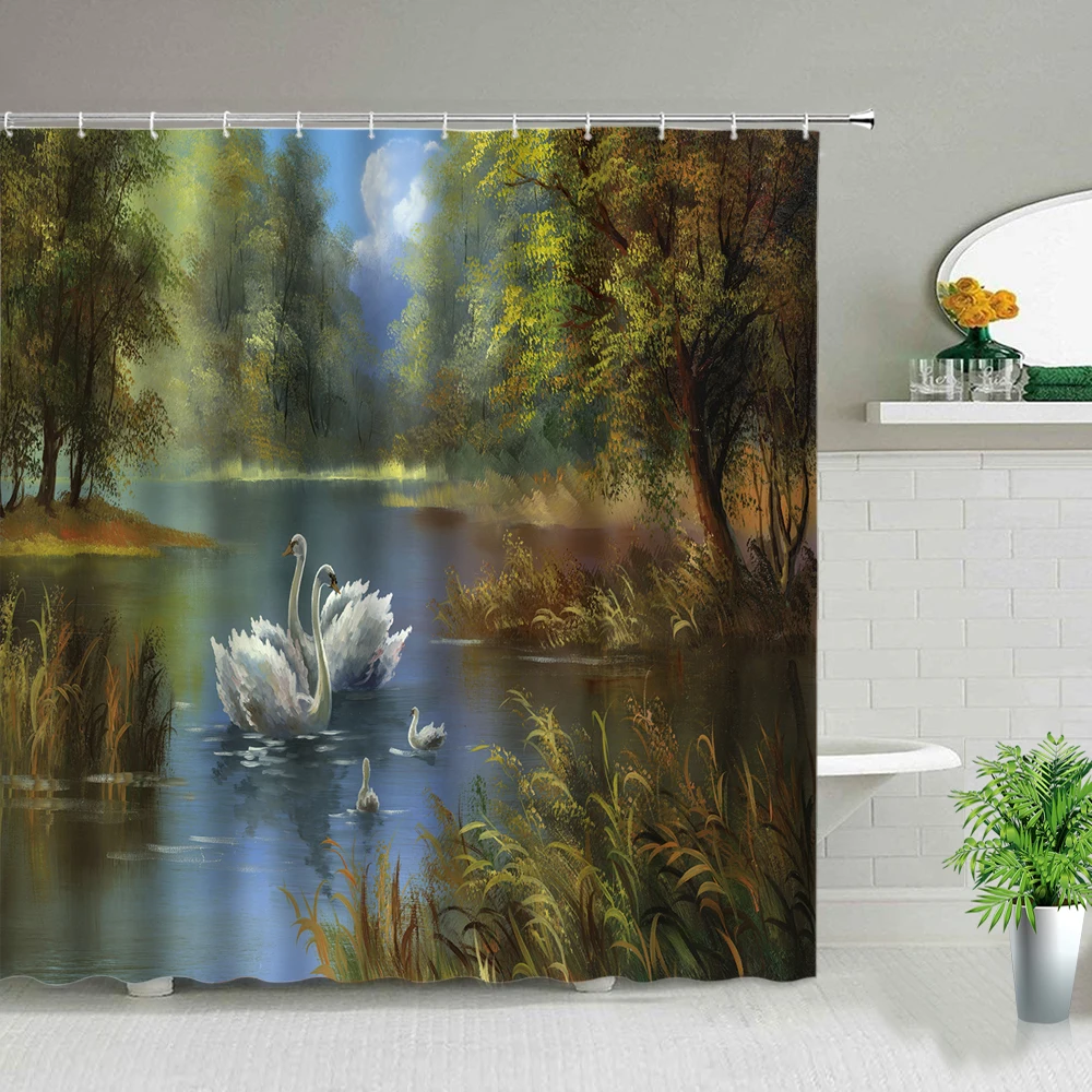 Oil Painting Scenery Shower Curtains Flowers Plant Swan Spring Landscape Bath Curtain Waterproof Bathroom Decor Polyester Cloth