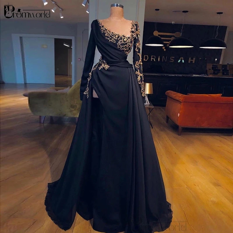 Elegant Vestidos Promworld ใหม่แขนยาวอย่างเป็นทางการชุดราตรีน้ําเงินลูกปัดชีฟอง High Slit เซ็กซี่ผู้หญิงชุดราตรี