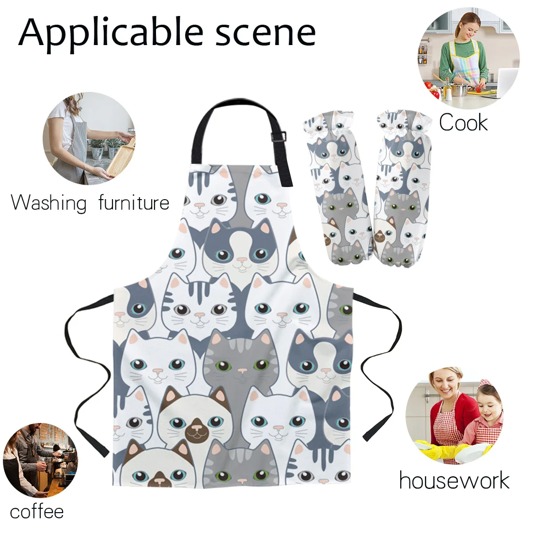 Cat Kitten Lovely White Gray Cartoon Apron Oversleeve Oven Gloves Pads Cooking Baking Kitchen Aprons for Women Kids