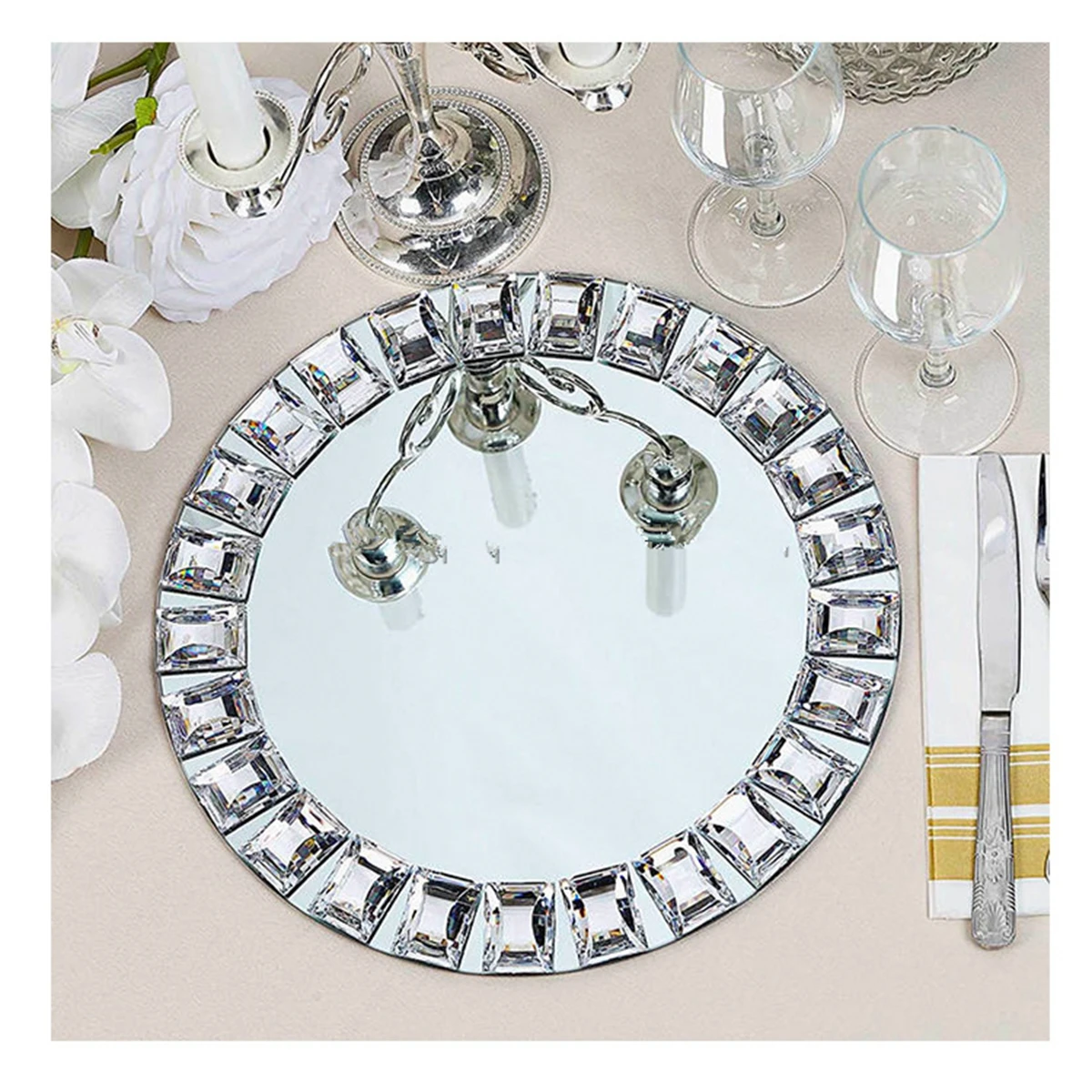 Wedding Decorative Diamond Round Shape Silver Glass Mirror  Plates table top decor For Sale AB0986